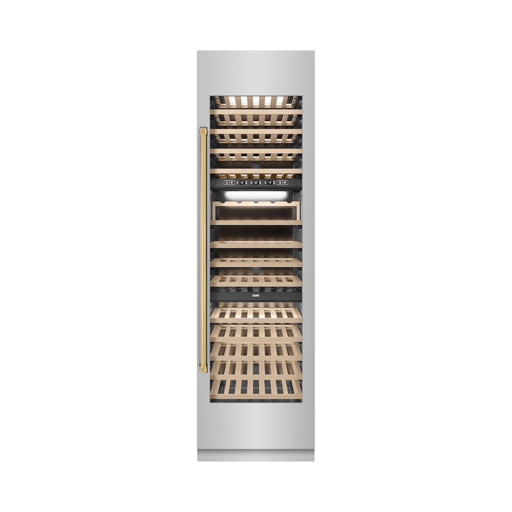 ZLINE Autograph Edition 24 in. 12.4 cu. ft. Triple Zone 100 Bottle Column Wine Cooler in Stainless Steel and Polished Gold Accents (RCWVZ-304-24-G) front, closed.