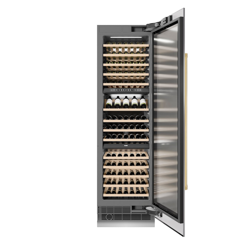ZLINE Autograph Edition 24 in. 12.4 cu. ft. Triple Zone 100 Bottle Column Wine Cooler in Stainless Steel and Polished Gold Accents (RCWVZ-304-24-G) front, open.