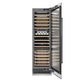 ZLINE Autograph Edition 24 in. 12.4 cu. ft. Triple Zone 100 Bottle Column Wine Cooler in Stainless Steel and Matte Black Accents (RCWVZ-304-24-MB) front, open.
