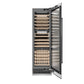 ZLINE Autograph Edition 24 in. 12.4 cu. ft. Triple Zone 100 Bottle Column Wine Cooler in Stainless Steel and Matte Black Accents (RCWVZ-304-24-MB) front, open.