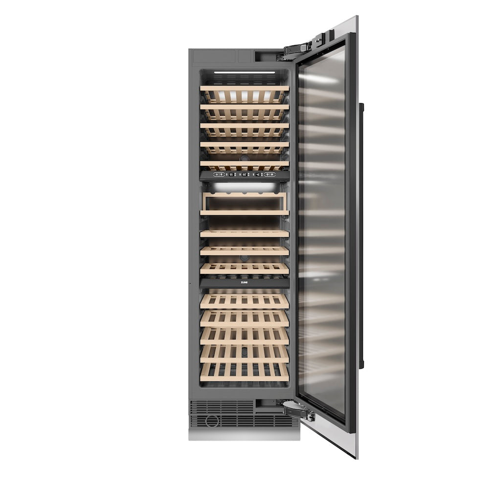 ZLINE Autograph Edition 24 in. 12.4 cu. ft. Triple Zone 100 Bottle Column Wine Cooler in Stainless Steel and Matte Black Accents (RCWVZ-304-24-MB) front, open.