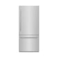 ZLINE 36 in. 19.8 cu. ft. Built-In Bottom Freezer Refrigerator with Water Dispenser and Ice Maker in Stainless Steel with Graphite Gray Interior (GRBIT-304-36) front, closed.