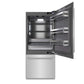 ZLINE 36 in. 19.8 cu. ft. Built-In Bottom Freezer Refrigerator with Water Dispenser and Ice Maker in Stainless Steel with Graphite Gray Interior (GRBIT-304-36) front, refrigeration compartment open.
