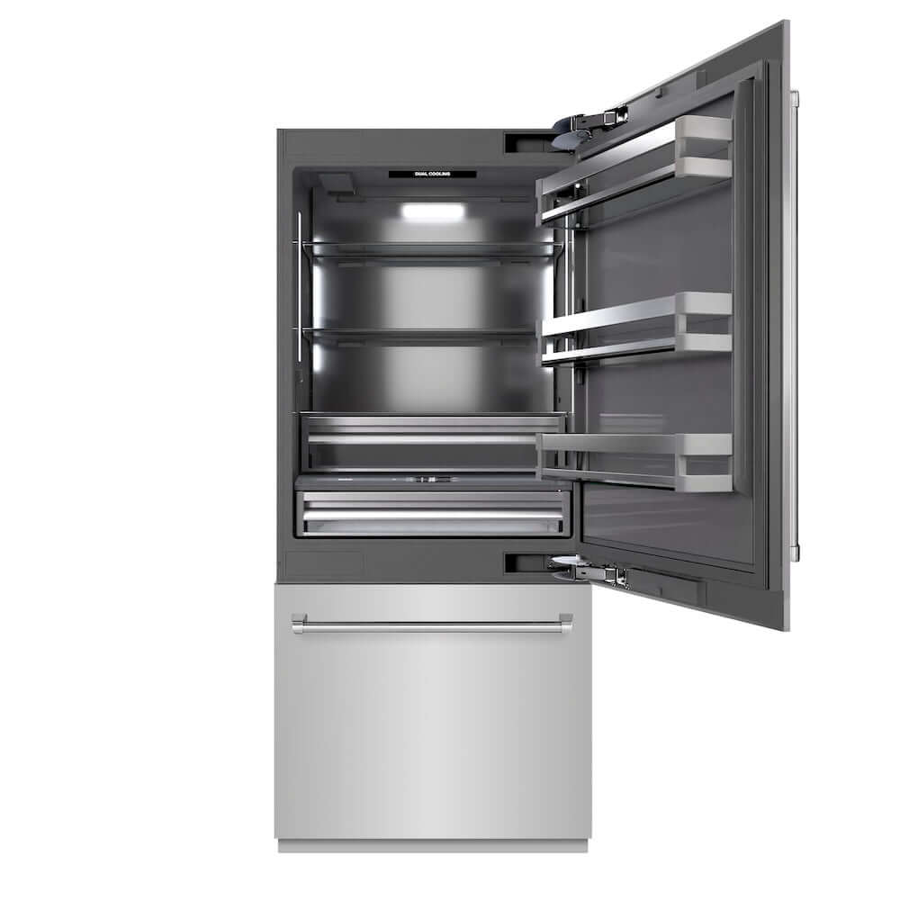 ZLINE 36 in. 19.8 cu. ft. Built-In Bottom Freezer Refrigerator with Water Dispenser and Ice Maker in Stainless Steel with Graphite Gray Interior (GRBIT-304-36) front, refrigeration compartment open.