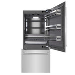 ZLINE 36 in. 19.8 cu. ft. Built-In Bottom Freezer Refrigerator with Water Dispenser and Ice Maker in Stainless Steel with Graphite Gray Interior (GRBIT-304-36) front, refrigeration compartment and bottom freezer drawers open.