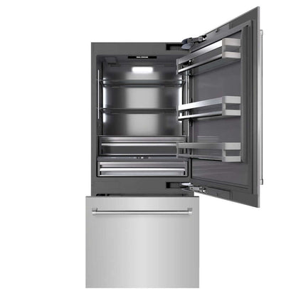 ZLINE 36 in. 19.8 cu. ft. Built-In Bottom Freezer Refrigerator with Water Dispenser and Ice Maker in Stainless Steel with Graphite Gray Interior (GRBIT-304-36) front, refrigeration compartment and bottom freezer drawers open.