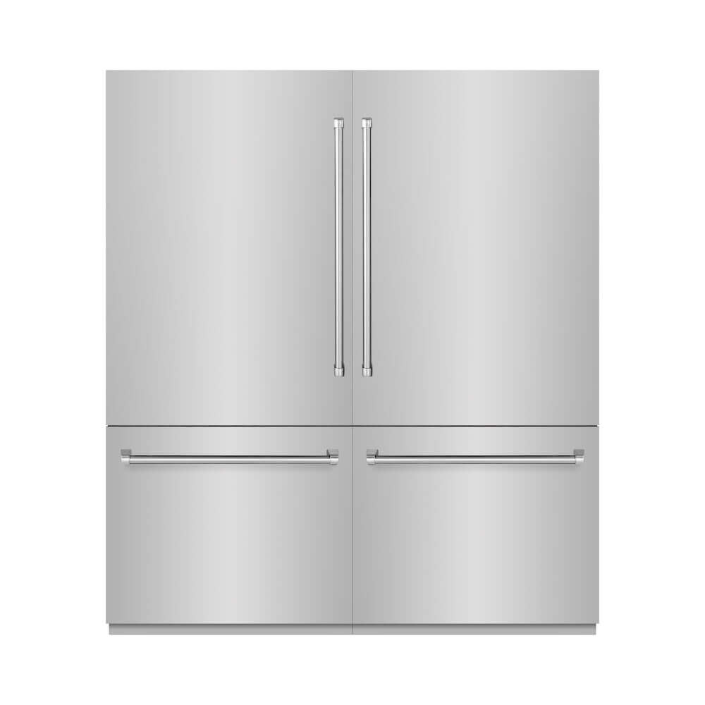 ZLINE 72 in. 39.6 cu. ft. French Door Built-In Bottom Freezer Refrigerator with Water Dispensers and Ice Makers in Stainless Steel with Graphite Gray Interior (GRBIT-304-72) front, closed.