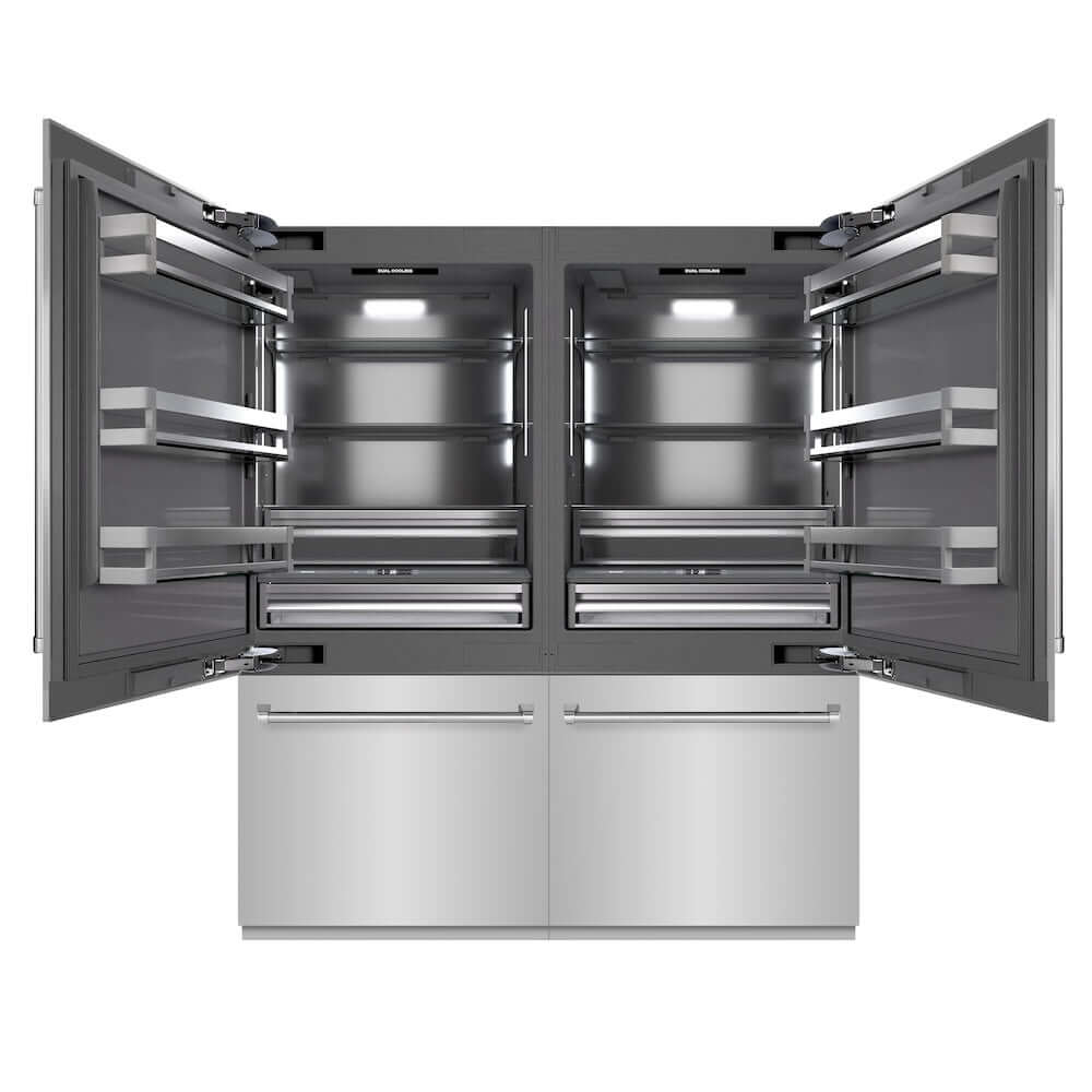 ZLINE 72 in. 39.6 cu. ft. French Door Built-In Bottom Freezer Refrigerator with Water Dispensers and Ice Makers in Stainless Steel with Graphite Gray Interior (GRBIT-304-72) front, refrigeration compartment open.