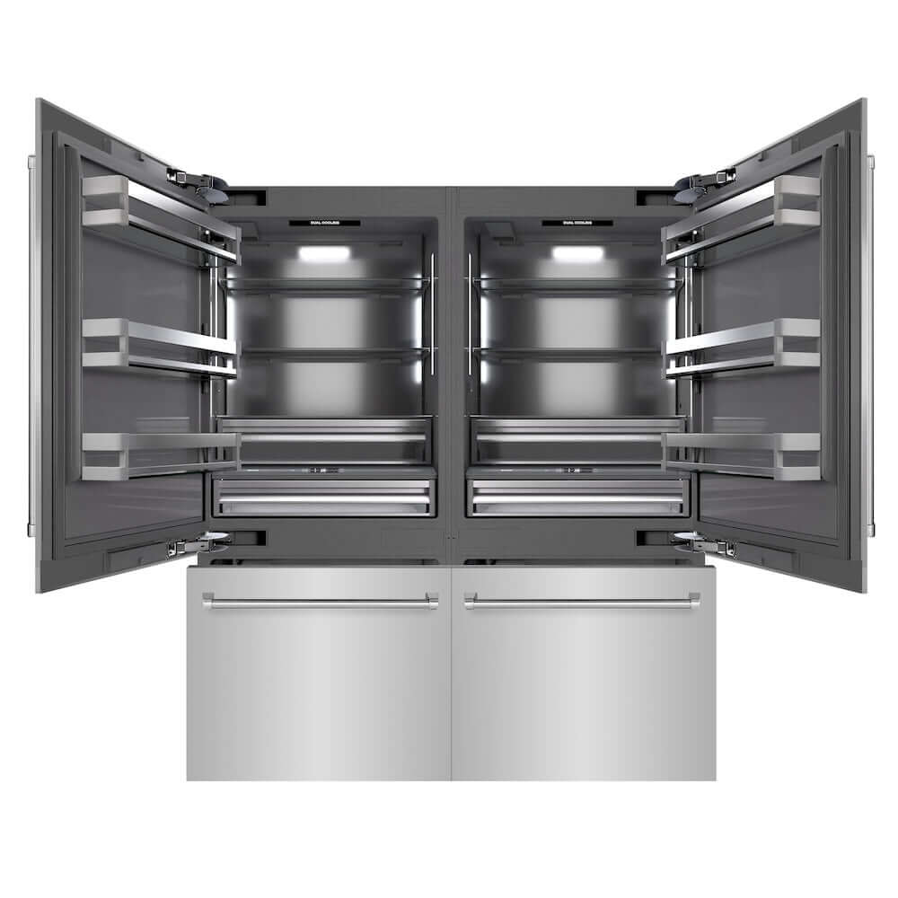 ZLINE 72 in. 39.6 cu. ft. French Door Built-In Bottom Freezer Refrigerator with Water Dispensers and Ice Makers in Stainless Steel with Graphite Gray Interior (GRBIT-304-72) front, refrigeration compartment and bottom freezer drawers open.