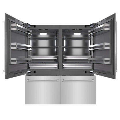 ZLINE 72 in. 39.6 cu. ft. French Door Built-In Bottom Freezer Refrigerator with Water Dispensers and Ice Makers in Stainless Steel with Graphite Gray Interior (GRBIT-304-72) front, refrigeration compartment and bottom freezer drawers open.