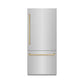 ZLINE Autograph Edition 36 in. 19.8 cu. ft. Built-In Bottom Freezer Refrigerator with Water Dispenser and Ice Maker in Stainless Steel with Graphite Gray Interior and Champagne Bronze Accents (GRBITZ-304-36CB) front, closed.