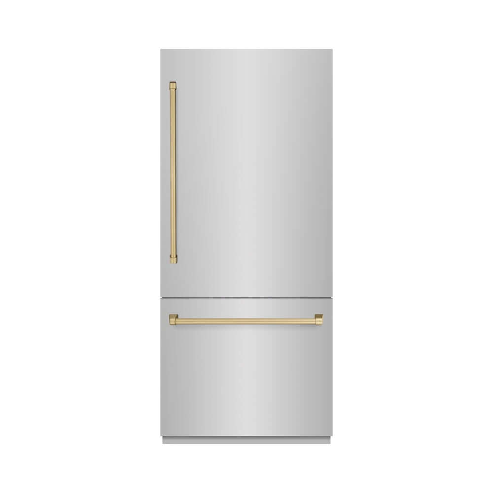 ZLINE Autograph Edition 36 in. 19.8 cu. ft. Built-In Bottom Freezer Refrigerator with Water Dispenser and Ice Maker in Stainless Steel with Graphite Gray Interior and Champagne Bronze Accents (GRBITZ-304-36CB) front, closed.
