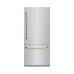 ZLINE Autograph Edition 36 in. 19.8 cu. ft. Built-In Bottom Freezer Refrigerator with Water Dispenser and Ice Maker in Stainless Steel with Graphite Gray Interior and Champagne Bronze Accents (GRBITZ-304-36CB) front, closed.