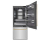 ZLINE Autograph Edition 36 in. 19.8 cu. ft. Built-In Bottom Freezer Refrigerator with Water Dispenser and Ice Maker in Stainless Steel with Graphite Gray Interior and Champagne Bronze Accents (GRBITZ-304-36CB) front, refrigeration compartment open.