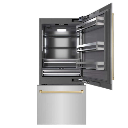 ZLINE Autograph Edition 36 in. 19.8 cu. ft. Built-In Bottom Freezer Refrigerator with Water Dispenser and Ice Maker in Stainless Steel with Graphite Gray Interior and Champagne Bronze Accents (GRBITZ-304-36CB) front, refrigeration compartment and bottom freezer drawers open.