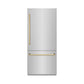 ZLINE Autograph Edition 36 in. 19.8 cu. ft. Built-In Bottom Freezer Refrigerator with Water Dispenser and Ice Maker in Stainless Steel with Graphite Gray Interior and Polished Gold Accents (GRBITZ-304-36G) front, closed.