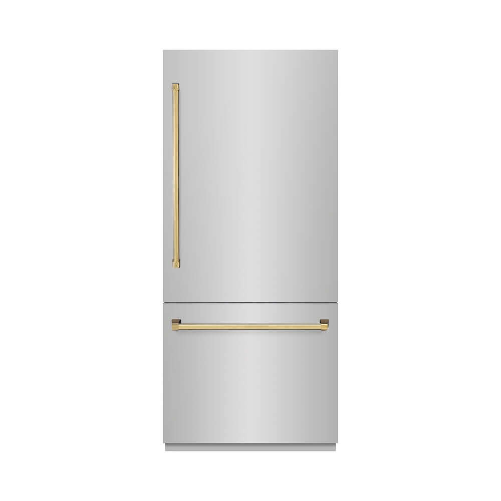 ZLINE Autograph Edition 36 in. 19.8 cu. ft. Built-In Bottom Freezer Refrigerator with Water Dispenser and Ice Maker in Stainless Steel with Graphite Gray Interior and Polished Gold Accents (GRBITZ-304-36G) front, closed.