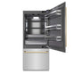 ZLINE Autograph Edition 36 in. 19.8 cu. ft. Built-In Bottom Freezer Refrigerator with Water Dispenser and Ice Maker in Stainless Steel with Graphite Gray Interior and Polished Gold Accents (GRBITZ-304-36G) front, refrigeration compartment open.