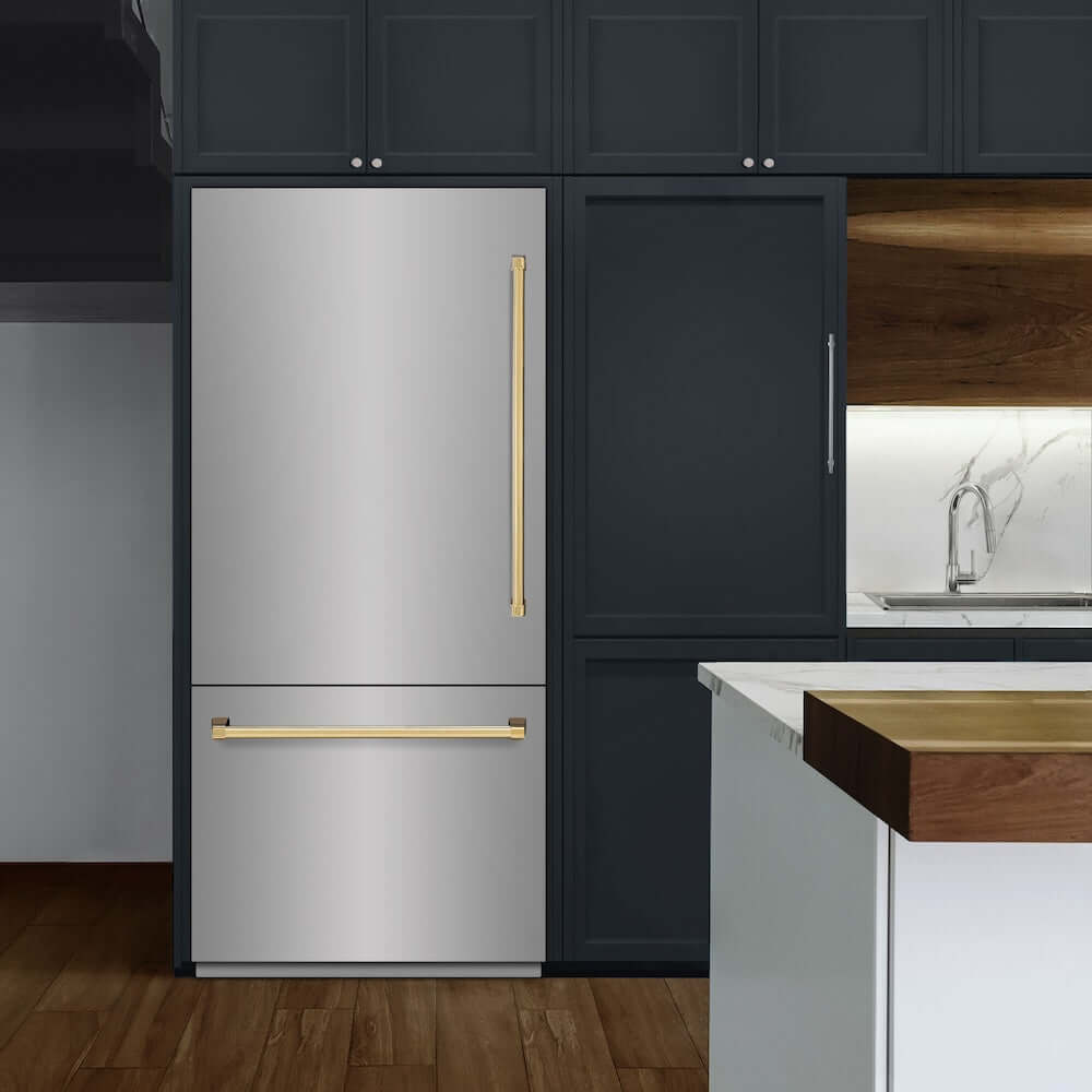 ZLINE Autograph Edition 36 in. 19.8 cu. ft. Built-In Bottom Freezer Refrigerator with Water Dispenser and Ice Maker in Stainless Steel with Graphite Gray Interior and Polished Gold Accents (GRBITZ-304-36G) lifestyle, in a luxury kitchen.