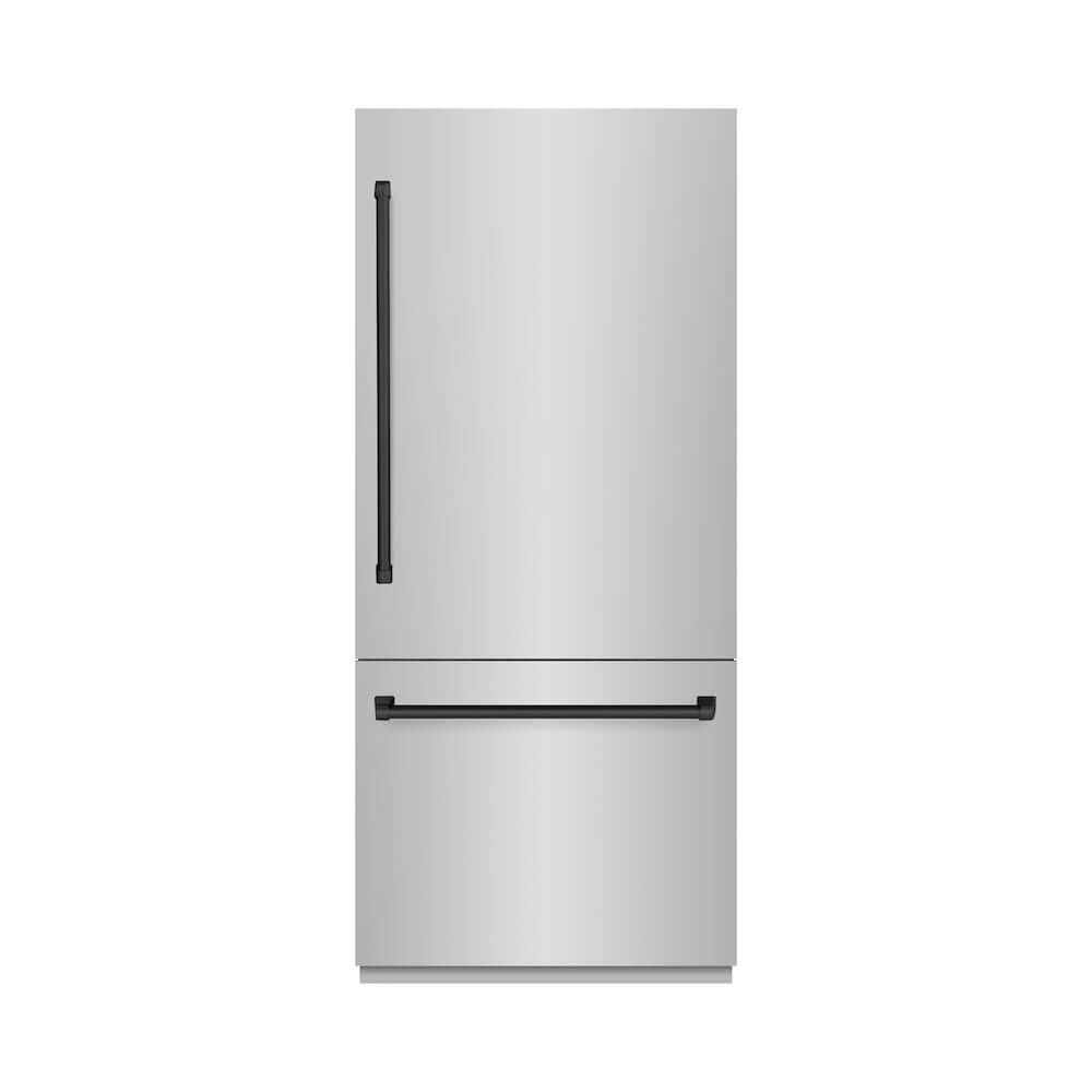 ZLINE Autograph Edition 36 in. 19.8 cu. ft. Built-In Bottom Freezer Refrigerator with Water Dispenser and Ice Maker in Stainless Steel with Graphite Gray Interior and Matte Black Accents (GRBITZ-304-36MB) front, closed.
