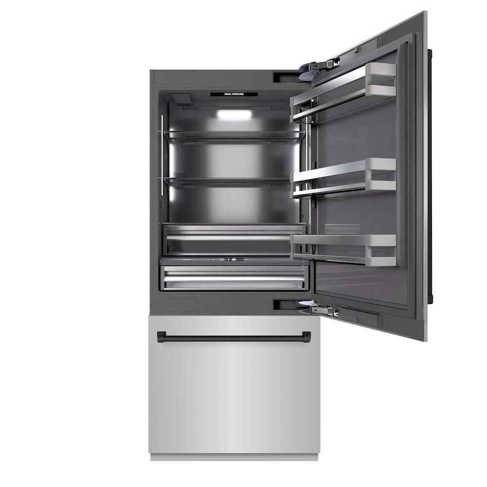 ZLINE Autograph Edition 36 in. 19.8 cu. ft. Built-In Bottom Freezer Refrigerator with Water Dispenser and Ice Maker in Stainless Steel with Graphite Gray Interior and Matte Black Accents (GRBITZ-304-36MB) front, refrigeration compartment open.