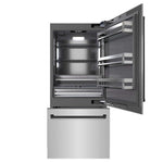 ZLINE Autograph Edition 36 in. 19.8 cu. ft. Built-In Bottom Freezer Refrigerator with Water Dispenser and Ice Maker in Stainless Steel with Graphite Gray Interior and Matte Black Accents (GRBITZ-304-36MB) front, refrigeration compartment and bottom freezer drawers open.