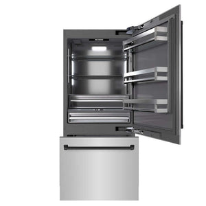 ZLINE Autograph Edition 36 in. 19.8 cu. ft. Built-In Bottom Freezer Refrigerator with Water Dispenser and Ice Maker in Stainless Steel with Graphite Gray Interior and Matte Black Accents (GRBITZ-304-36MB) main image.