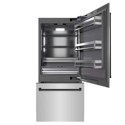ZLINE Autograph Edition 36 in. 19.8 cu. ft. Built-In Bottom Freezer Refrigerator with Water Dispenser and Ice Maker in Stainless Steel with Graphite Gray Interior and Matte Black Accents (GRBITZ-304-36MB) front, refrigeration compartment and bottom freezer drawers open.