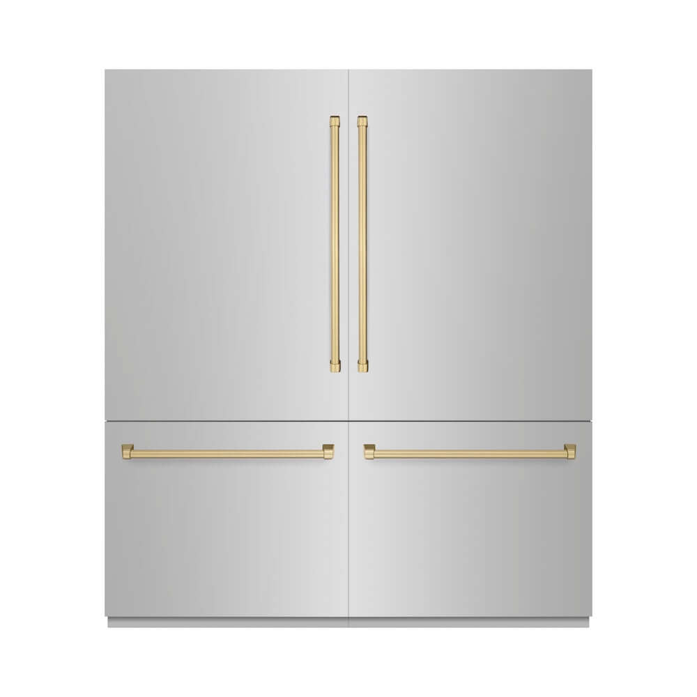 ZLINE Autograph Edition 72 in. 39.6 cu. ft. French Door Built-In Bottom Freezer Refrigerator with Water Dispensers and Ice Makers in Stainless Steel with Graphite Gray Interior and Champagne Bronze Accents (GRBITZ-304-72CB) front, closed.