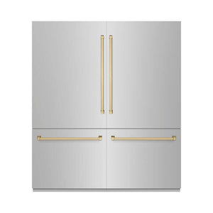 ZLINE Autograph Edition 72 in. 39.6 cu. ft. French Door Built-In Bottom Freezer Refrigerator with Water Dispensers and Ice Makers in Stainless Steel with Graphite Gray Interior and Champagne Bronze Accents (GRBITZ-304-72CB) front, closed.