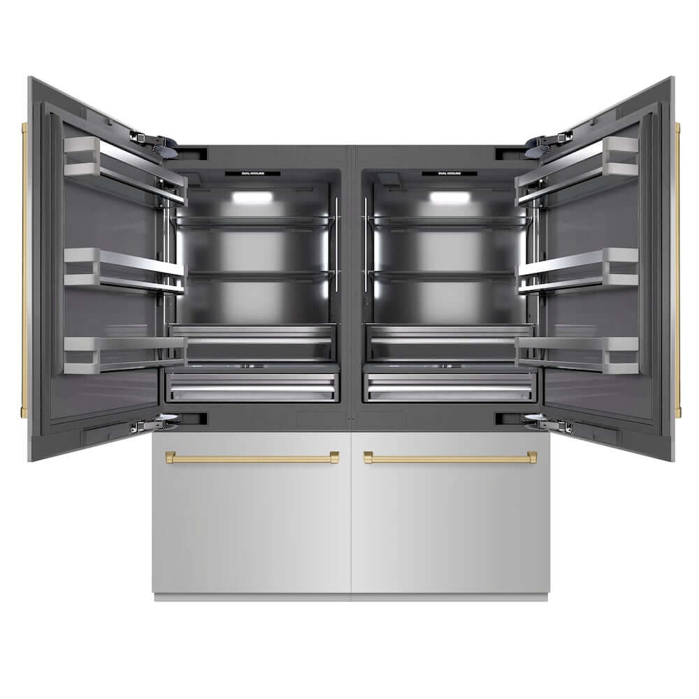 ZLINE Autograph Edition 72 in. 39.6 cu. ft. French Door Built-In Bottom Freezer Refrigerator with Water Dispensers and Ice Makers in Stainless Steel with Graphite Gray Interior and Champagne Bronze Accents (GRBITZ-304-72CB) front, refrigeration compartment open.