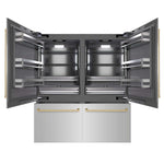ZLINE Autograph Edition 72 in. 39.6 cu. ft. French Door Built-In Bottom Freezer Refrigerator with Water Dispensers and Ice Makers in Stainless Steel with Graphite Gray Interior and Champagne Bronze Accents (GRBITZ-304-72CB) front, refrigeration compartment and bottom freezer drawers open.