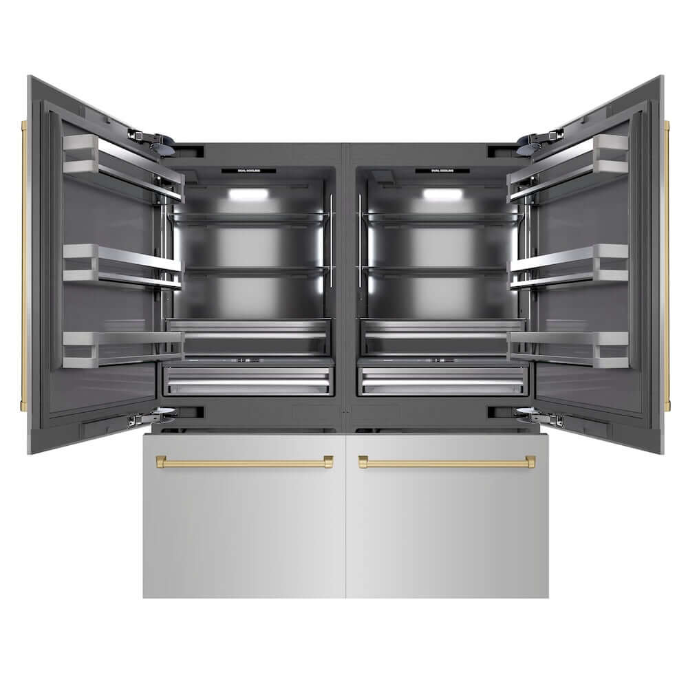ZLINE Autograph Edition 72 in. 39.6 cu. ft. French Door Built-In Bottom Freezer Refrigerator with Water Dispensers and Ice Makers in Stainless Steel with Graphite Gray Interior and Champagne Bronze Accents (GRBITZ-304-72CB) front, refrigeration compartment and bottom freezer drawers open.