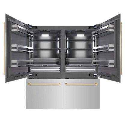 ZLINE Autograph Edition 72 in. 39.6 cu. ft. French Door Built-In Bottom Freezer Refrigerator with Water Dispensers and Ice Makers in Stainless Steel with Graphite Gray Interior and Champagne Bronze Accents (GRBITZ-304-72CB) front, refrigeration compartment and bottom freezer drawers open.