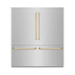 ZLINE Autograph Edition 72 in. 39.6 cu. ft. French Door Built-In Bottom Freezer Refrigerator with Water Dispensers and Ice Makers in Stainless Steel with Graphite Gray Interior and Polished Gold Accents (GRBITZ-304-72G) front, closed.
