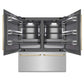 ZLINE Autograph Edition 72 in. 39.6 cu. ft. French Door Built-In Bottom Freezer Refrigerator with Water Dispensers and Ice Makers in Stainless Steel with Graphite Gray Interior and Polished Gold Accents (GRBITZ-304-72G) front, refrigeration compartment open.