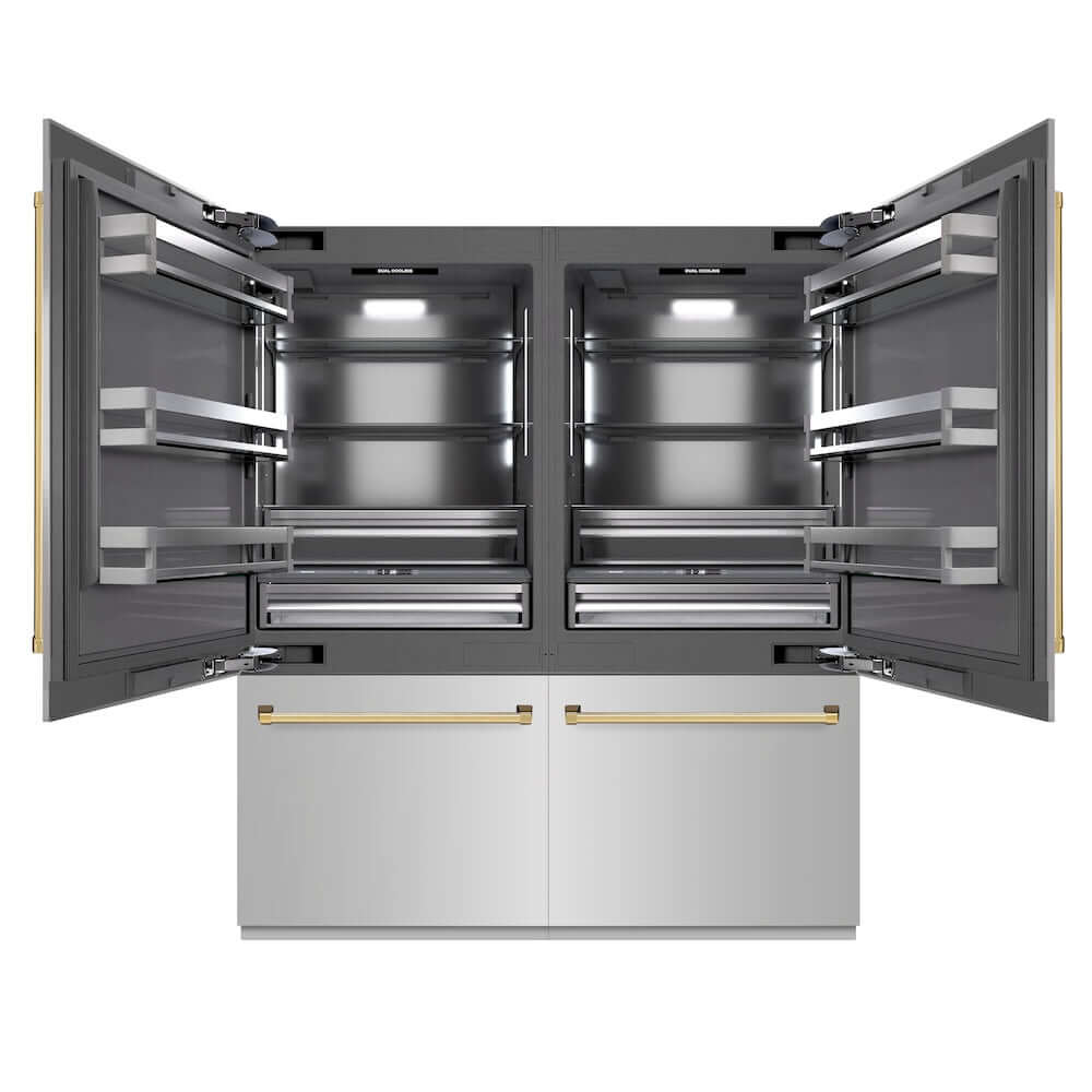 ZLINE Autograph Edition 72 in. 39.6 cu. ft. French Door Built-In Bottom Freezer Refrigerator with Water Dispensers and Ice Makers in Stainless Steel with Graphite Gray Interior and Polished Gold Accents (GRBITZ-304-72G) front, refrigeration compartment open.