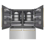 ZLINE Autograph Edition 72 in. 39.6 cu. ft. French Door Built-In Bottom Freezer Refrigerator with Water Dispensers and Ice Makers in Stainless Steel with Graphite Gray Interior and Polished Gold Accents (GRBITZ-304-72G) front, refrigeration compartment and bottom freezer drawers open.