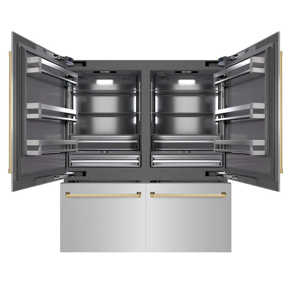 ZLINE Autograph Edition 72 in. 39.6 cu. ft. French Door Built-In Bottom Freezer Refrigerator with Water Dispensers and Ice Makers in Stainless Steel with Graphite Gray Interior and Polished Gold Accents (GRBITZ-304-72G) front, refrigeration compartment and bottom freezer drawers open.