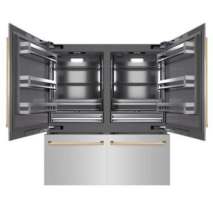 ZLINE Autograph Edition 72 in. 39.6 cu. ft. French Door Built-In Bottom Freezer Refrigerator with Water Dispensers and Ice Makers in Stainless Steel with Graphite Gray Interior and Polished Gold Accents (GRBITZ-304-72G) front, refrigeration compartment and bottom freezer drawers open.