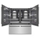 ZLINE Autograph Edition 72 in. 39.6 cu. ft. French Door Built-In Bottom Freezer Refrigerator with Water Dispensers and Ice Makers in Stainless Steel with Graphite Gray Interior and Matte Black Accents (GRBITZ-304-72MB) front, refrigeration compartment open.