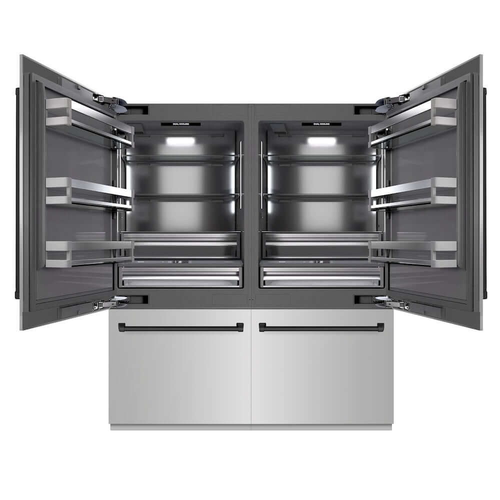 ZLINE Autograph Edition 72 in. 39.6 cu. ft. French Door Built-In Bottom Freezer Refrigerator with Water Dispensers and Ice Makers in Stainless Steel with Graphite Gray Interior and Matte Black Accents (GRBITZ-304-72MB) front, refrigeration compartment open.