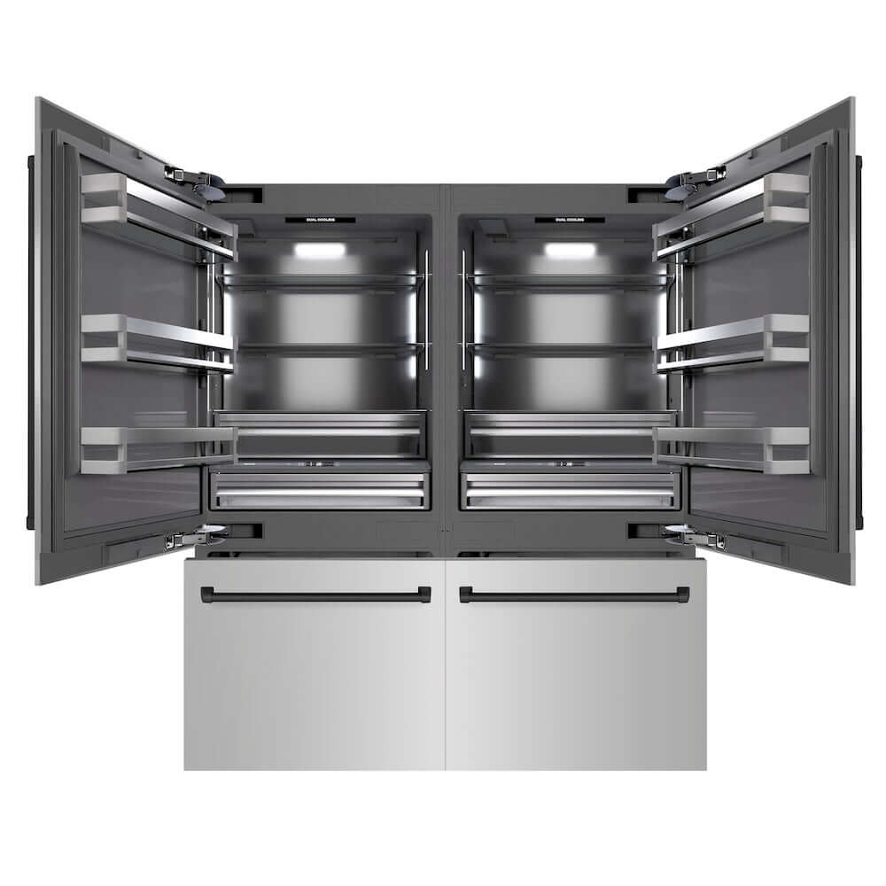ZLINE Autograph Edition 72 in. 39.6 cu. ft. French Door Built-In Bottom Freezer Refrigerator with Water Dispensers and Ice Makers in Stainless Steel with Graphite Gray Interior and Matte Black Accents (GRBITZ-304-72MB) front, refrigeration compartment and bottom freezer drawers open.