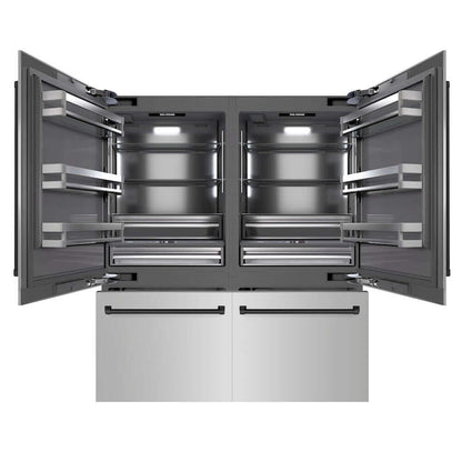 ZLINE Autograph Edition 72 in. 39.6 cu. ft. French Door Built-In Bottom Freezer Refrigerator with Water Dispensers and Ice Makers in Stainless Steel with Graphite Gray Interior and Matte Black Accents (GRBITZ-304-72MB) front, refrigeration compartment and bottom freezer drawers open.