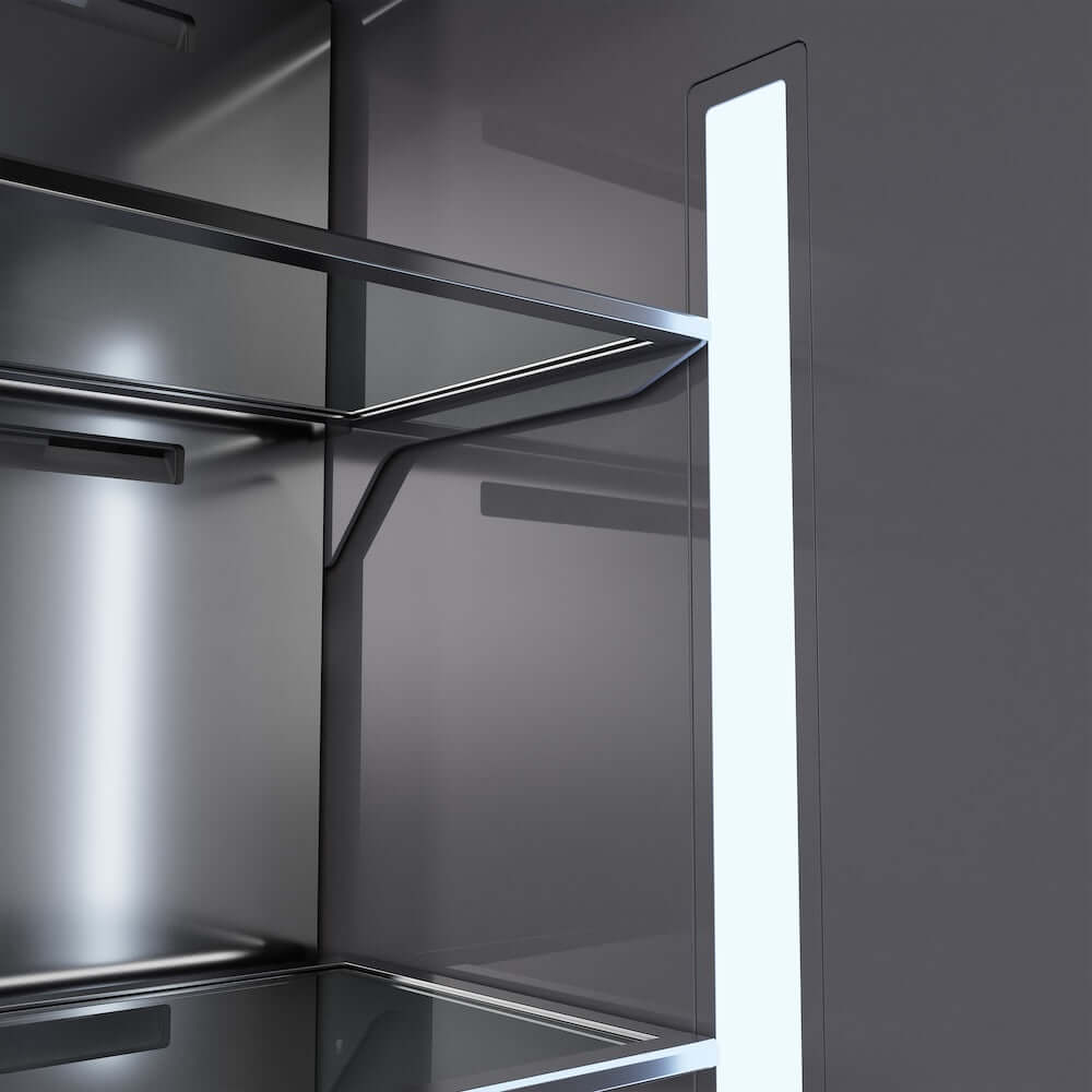 ZLINE Autograph Edition 36 in. 19.8 cu. ft. Built-In Bottom Freezer Refrigerator with Water Dispenser and Ice Maker in Stainless Steel with Graphite Gray Interior and Polished Gold Helix Handles (GRBITZ-30436KG) interior LED lighting.
