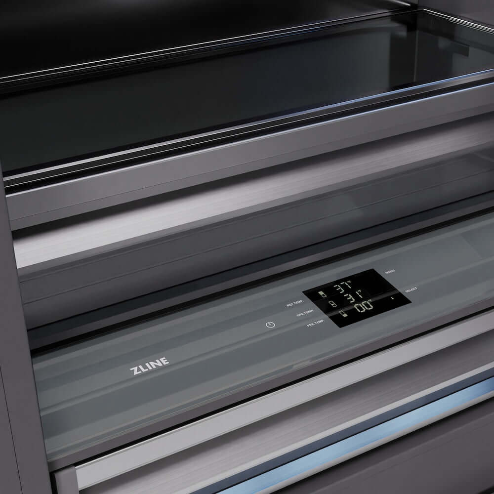 ZLINE Autograph Edition 36 in. 19.8 cu. ft. Built-In Bottom Freezer Refrigerator with Water Dispenser and Ice Maker in Stainless Steel with Graphite Gray Interior and Polished Gold Helix Handles (GRBITZ-30436KG) digital touch panel controls.
