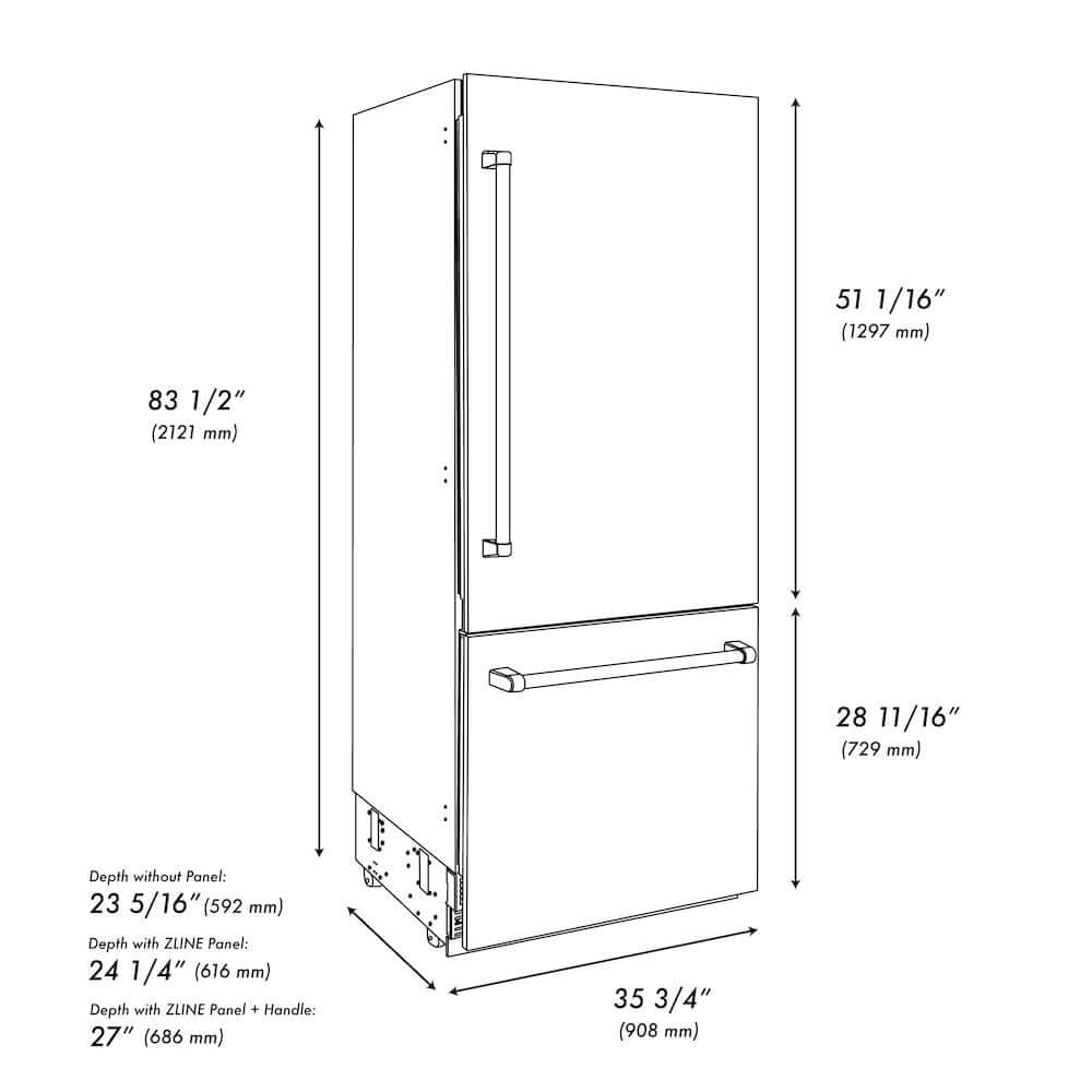 ZLINE Autograph Edition 36 in. 19.8 cu. ft. Built-In Bottom Freezer Refrigerator with Water Dispenser and Ice Maker in Stainless Steel with Graphite Gray Interior and Polished Gold Helix Handles (GRBITZ-30436KG) dimensional diagram.