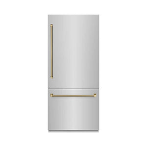 ZLINE Autograph Edition 36 in. 19.8 cu. ft. Built-In Bottom Freezer Refrigerator with Water Dispenser and Ice Maker in Stainless Steel with Graphite Gray Interior and Champagne Bronze Helix Handles (GRBITZ-30436KCB) front, closed.
