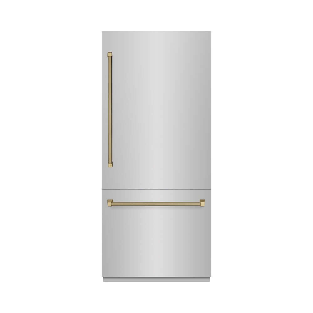 ZLINE Autograph Edition 36 in. 19.8 cu. ft. Built-In Bottom Freezer Refrigerator with Water Dispenser and Ice Maker in Stainless Steel with Graphite Gray Interior and Polished Gold Helix Handles (GRBITZ-30436KG) front, closed.