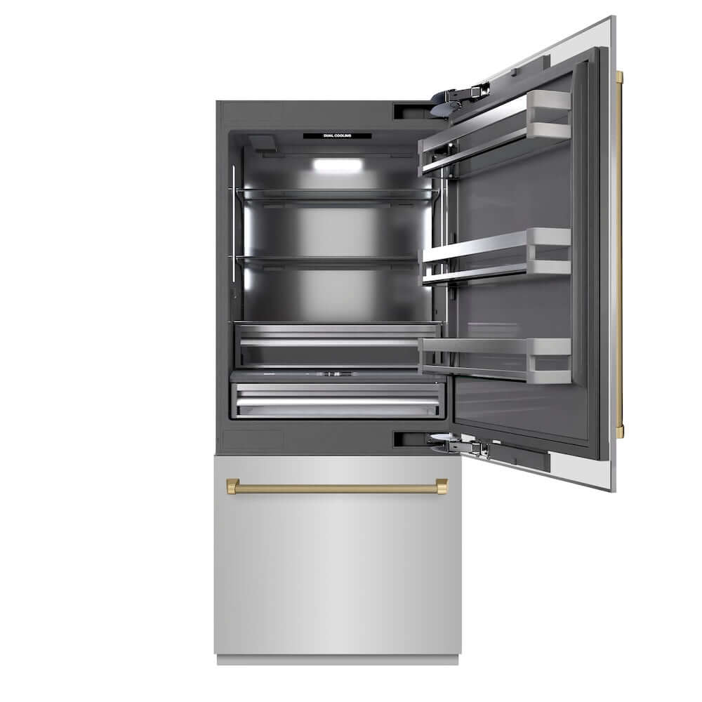 ZLINE Autograph Edition 36 in. 19.8 cu. ft. Built-In Bottom Freezer Refrigerator with Water Dispenser and Ice Maker in Stainless Steel with Graphite Gray Interior and Champagne Bronze Helix Handles (GRBITZ-30436KCB) main image.